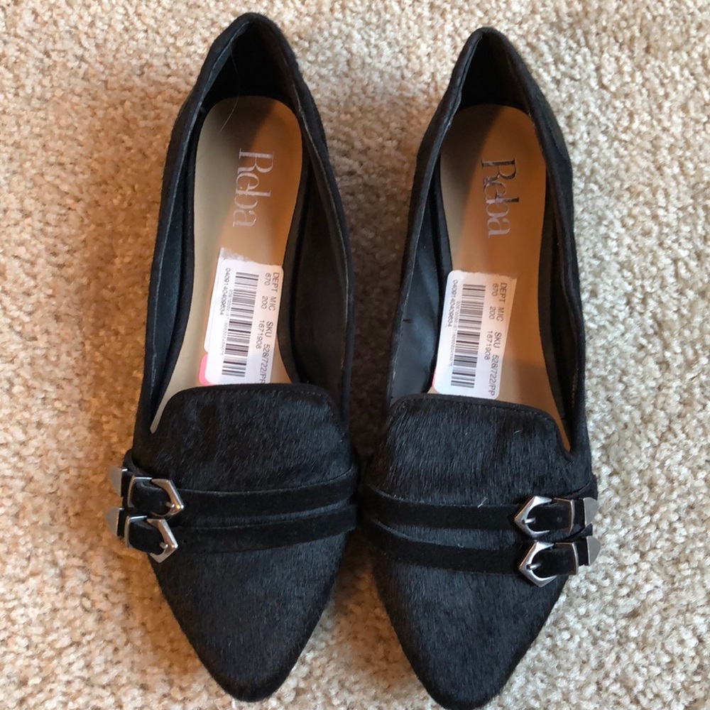 Reba Hathi Flat calf hair black ballet flat silver buckle shoe size 6